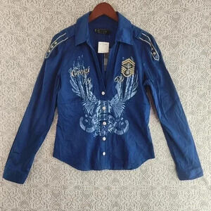 COPY - NWT Coogi Blue Embroidered Long sleeve Button Up Military Shirt Youths XL